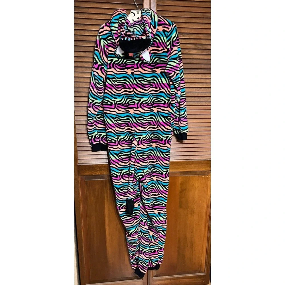 SECRET TREASURES Womens XL Zebra Print Hooded Fleece One Piece Pajama Sleeper 20 - Picture 2 of 9